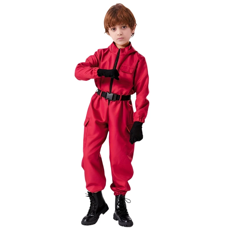 Kinderkostuum soldaat – Rode jumpsuit met handschoenen en riem