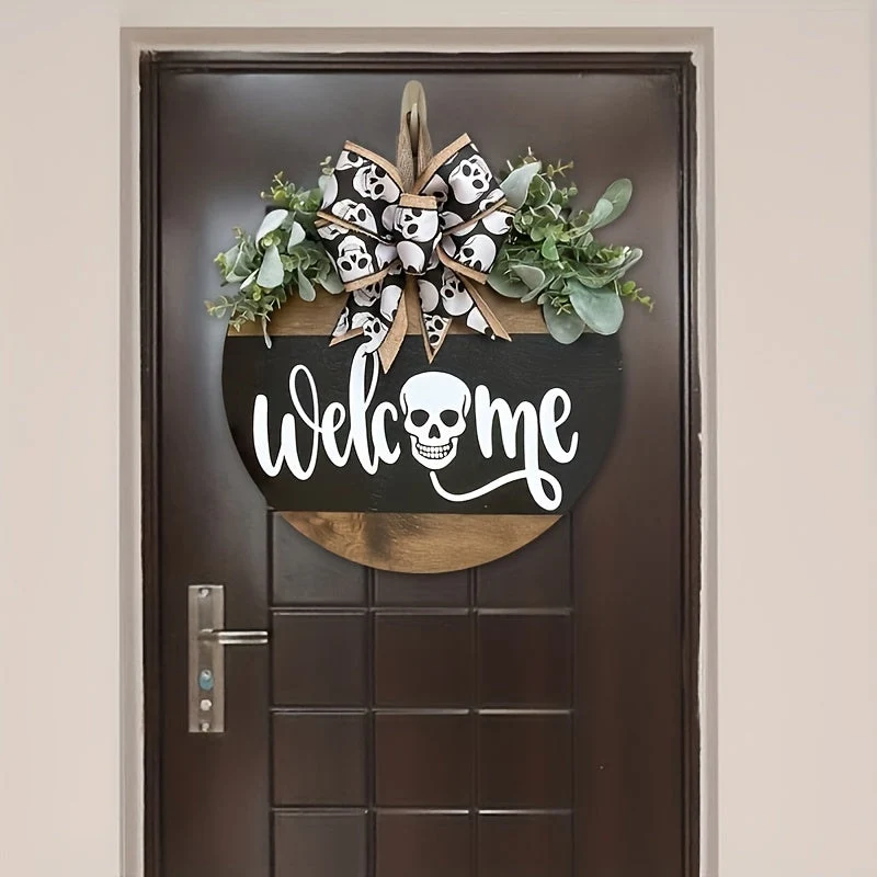 Deurkrans Halloween – Houten welkomstbord met schedel en grote strik
