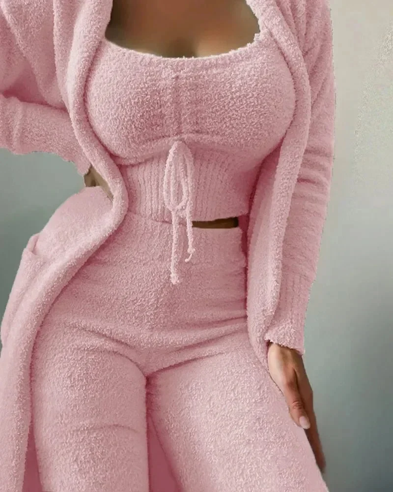 Pyjamaset van fleece – Driedelig met top, lange broek en bijpassend jasje