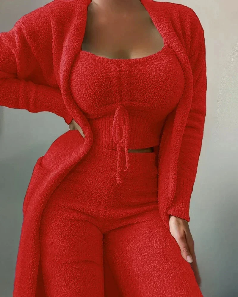 Pyjamaset van fleece – Driedelig met top, lange broek en bijpassend jasje