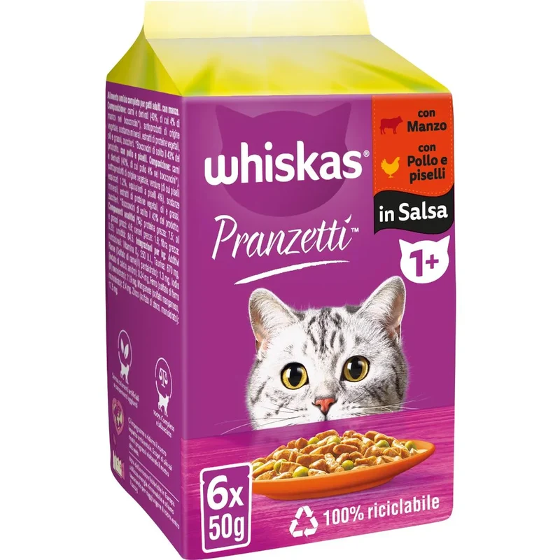 Whiskas Pranzetti Carni Bianche in Salsa con Manzo e Pollo 6x50gr