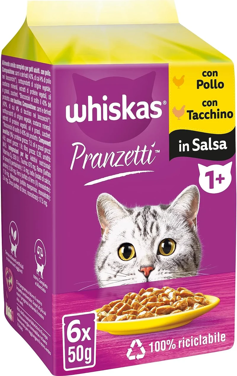 Whiskas Pranzetti Carni Bianche in Salsa con Pollo e Tacchino 6x50gr