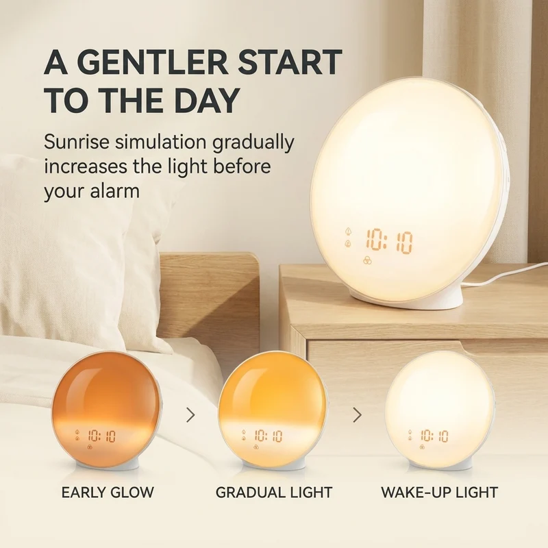 Wake-uplicht wekker – zonsopgang, dubbel alarm en FM-radio