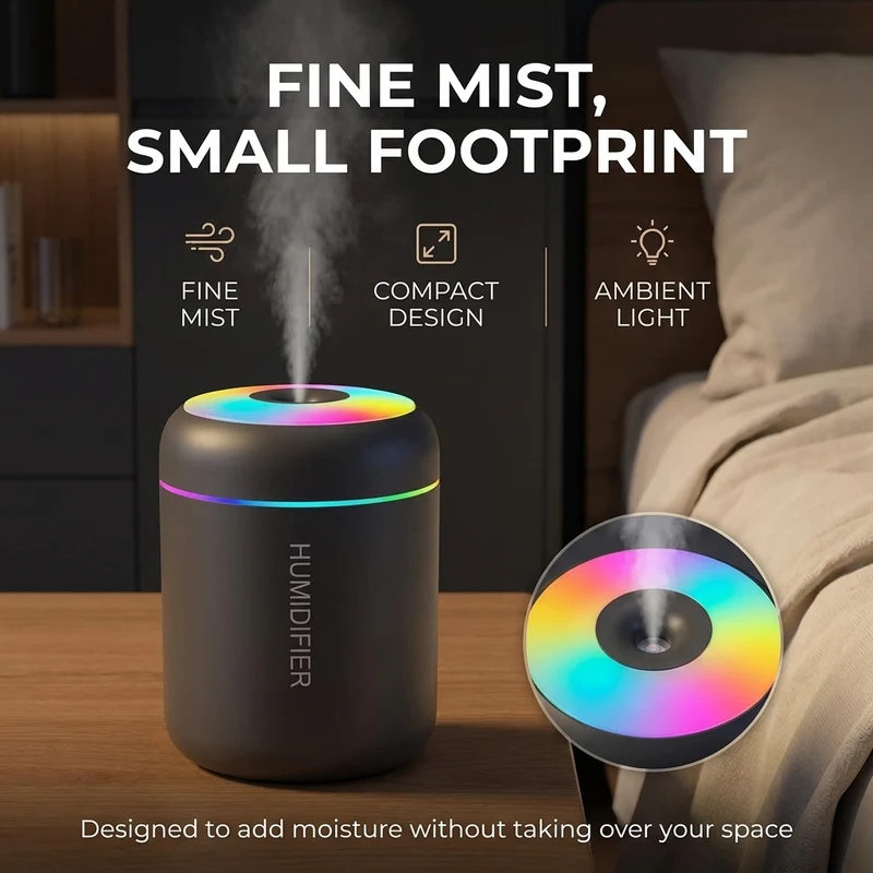 Mini luchtbevochtiger 180 ml – USB, geurfunctie en sfeerlicht