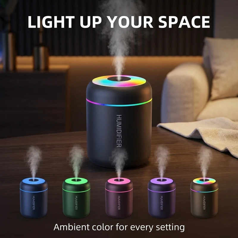 Mini luchtbevochtiger 180 ml – USB, geurfunctie en sfeerlicht