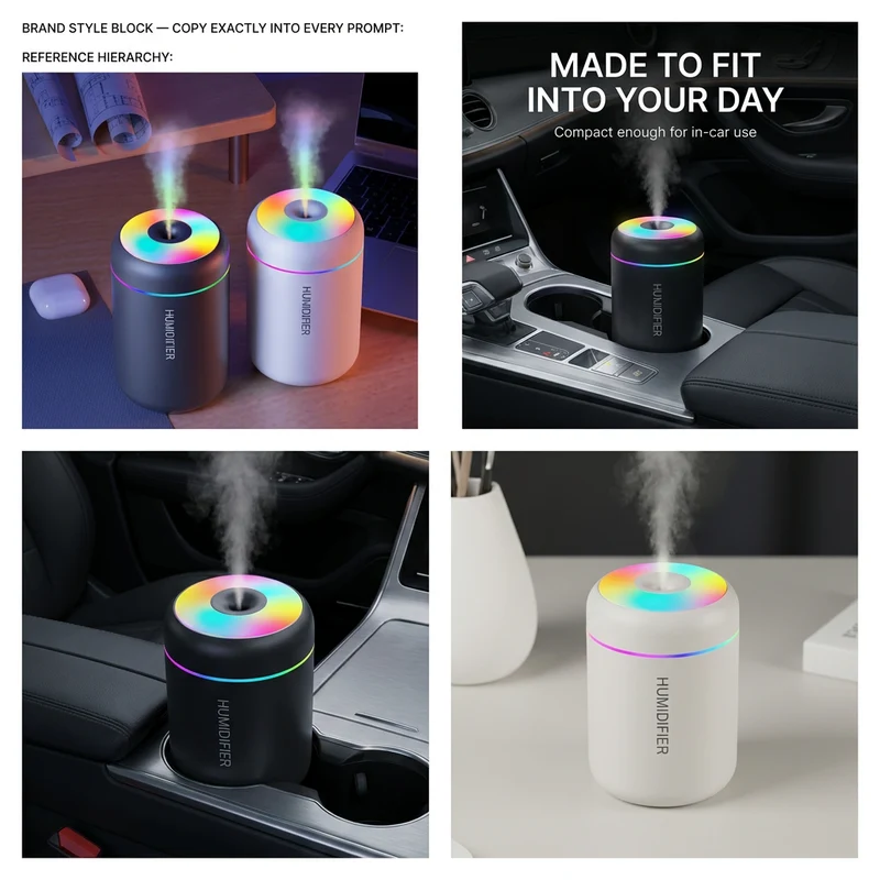 Mini luchtbevochtiger 180 ml – USB, geurfunctie en sfeerlicht