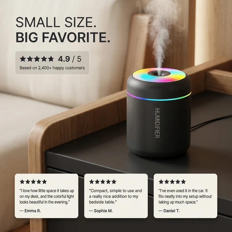 Mini luchtbevochtiger 180 ml – USB, geurfunctie en sfeerlicht