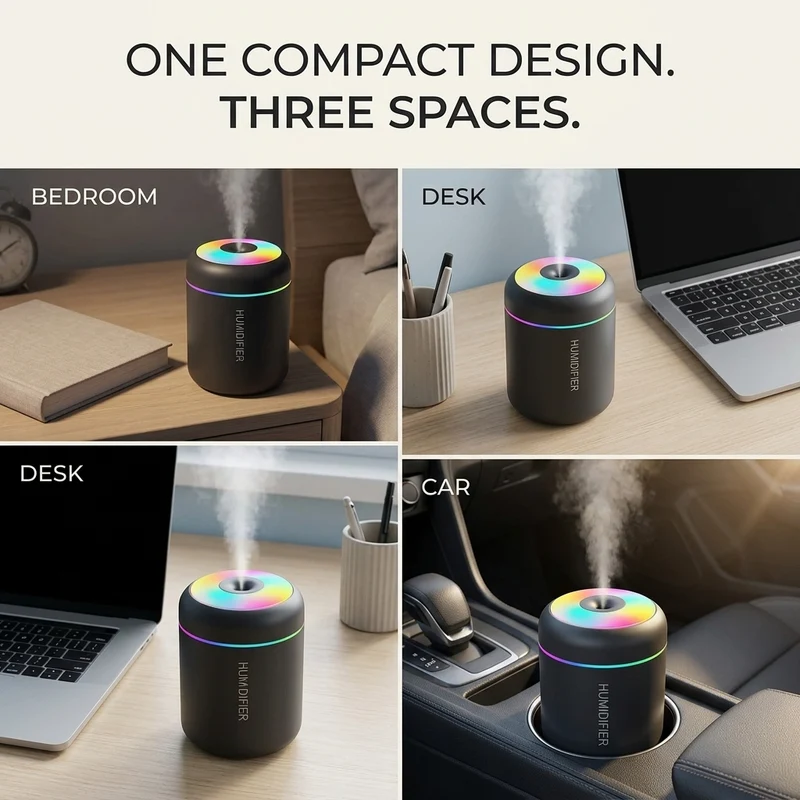 Mini luchtbevochtiger 180 ml – USB, geurfunctie en sfeerlicht