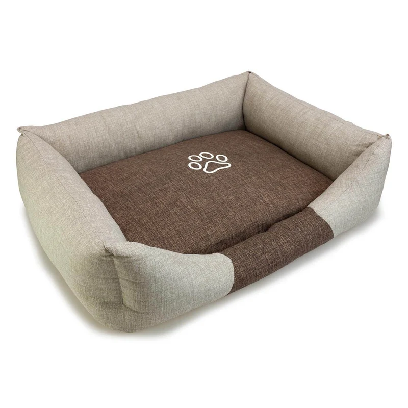 Cama cuadrada marrón y beige con Huella