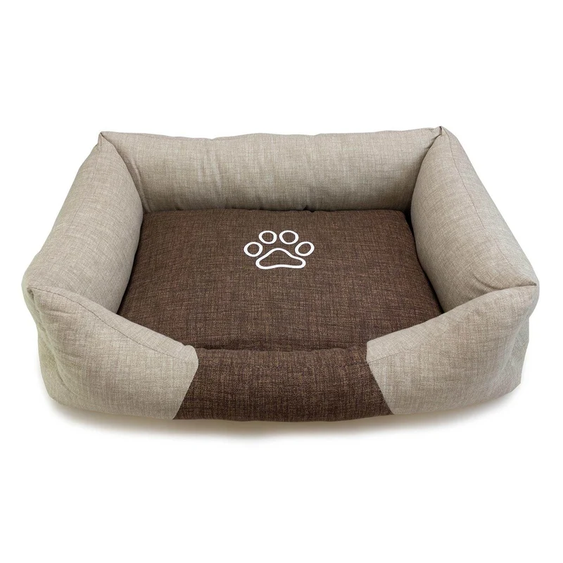 Cama cuadrada marrón y beige con Huella