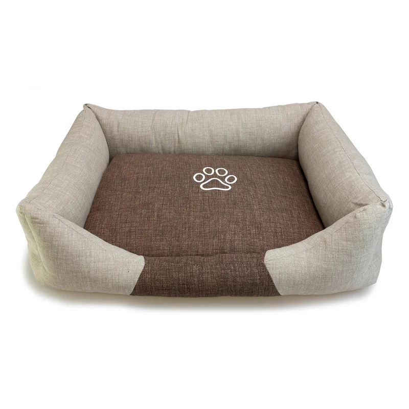 Cama cuadrada marrón y beige con Huella