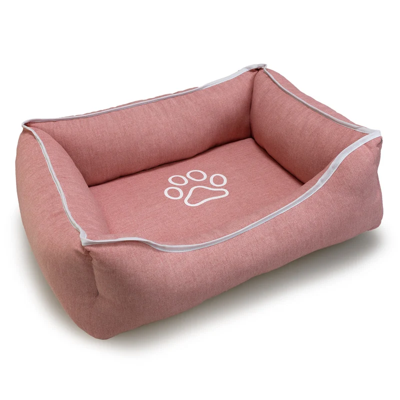 Cama cuadrada rosa con huella y ribete
