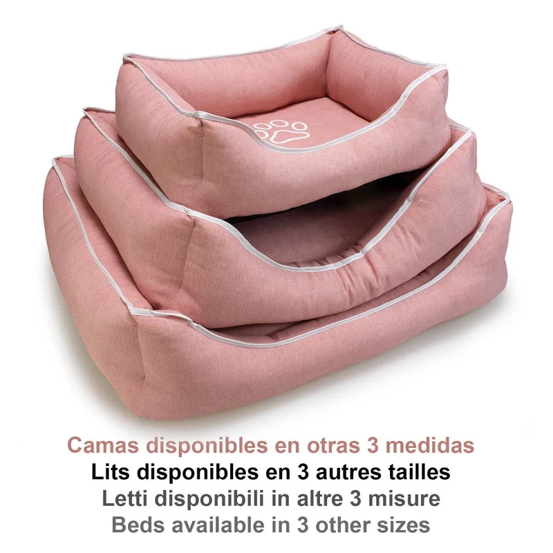 Cama cuadrada rosa con huella y ribete