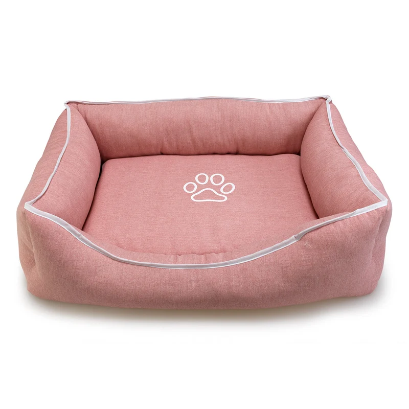 Cama cuadrada rosa con huella y ribete