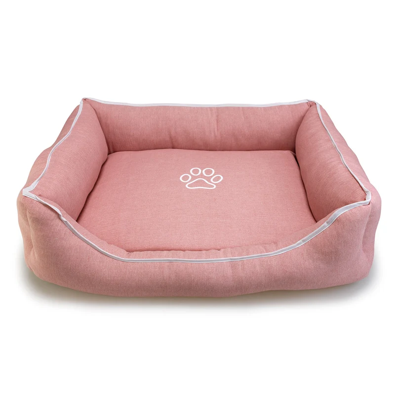 Cama cuadrada rosa con huella y ribete