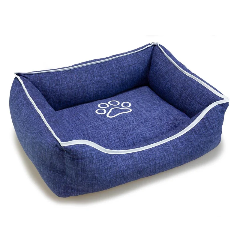 Cama cuadrada azul con huella y ribete