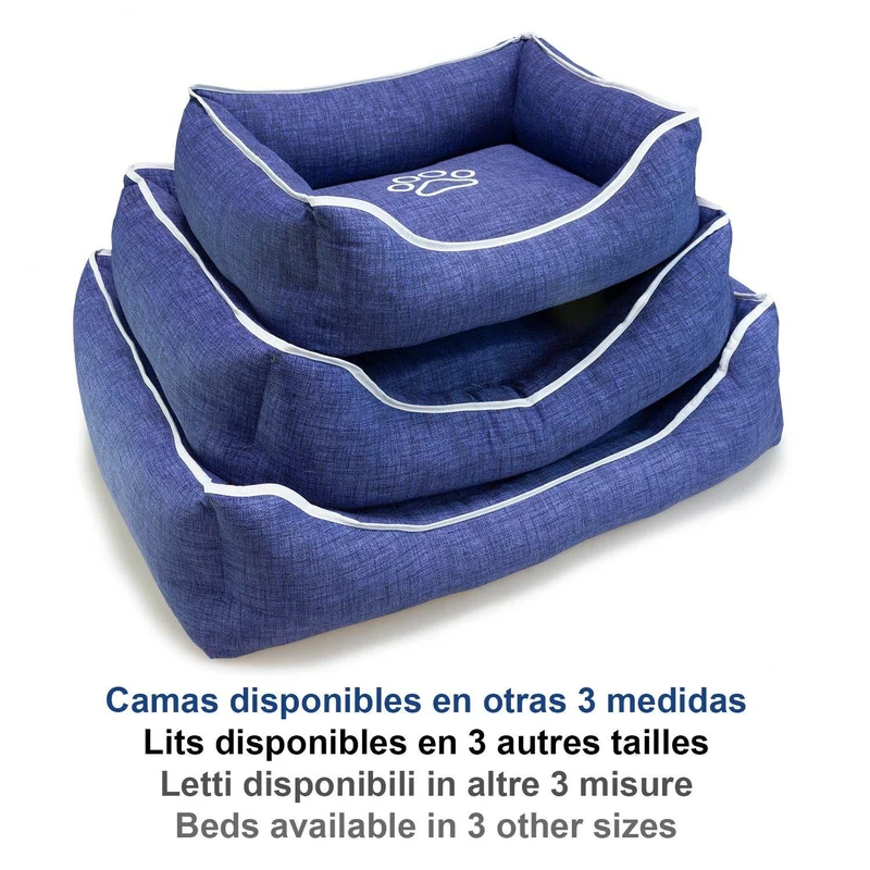 Cama cuadrada azul con huella y ribete
