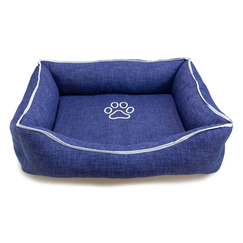 Cama cuadrada azul con huella y ribete