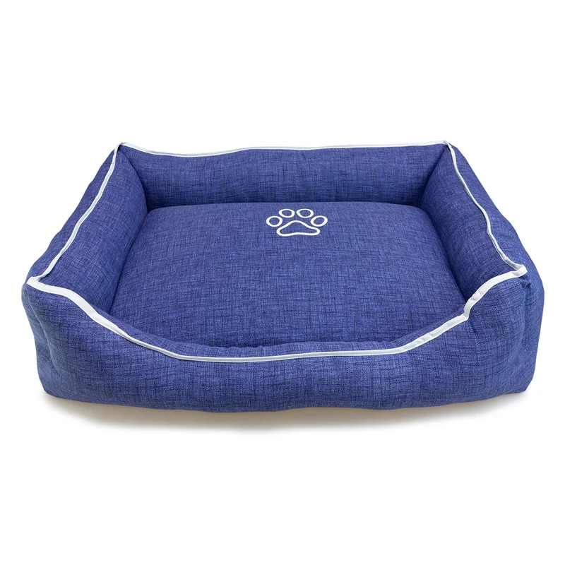Cama cuadrada azul con huella y ribete