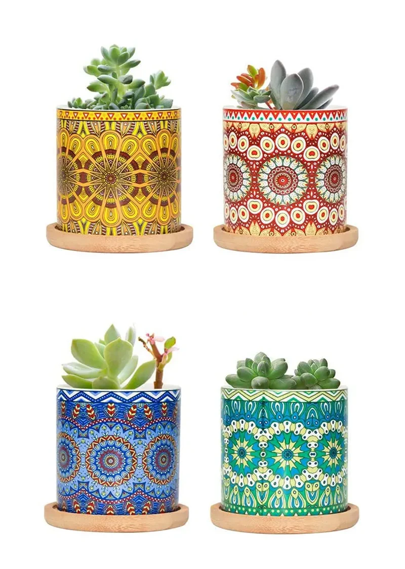 Set 4 Pezzi Vasi In Ceramica Con Decorazioni Fiori Piante Grasse Il Grupponeil