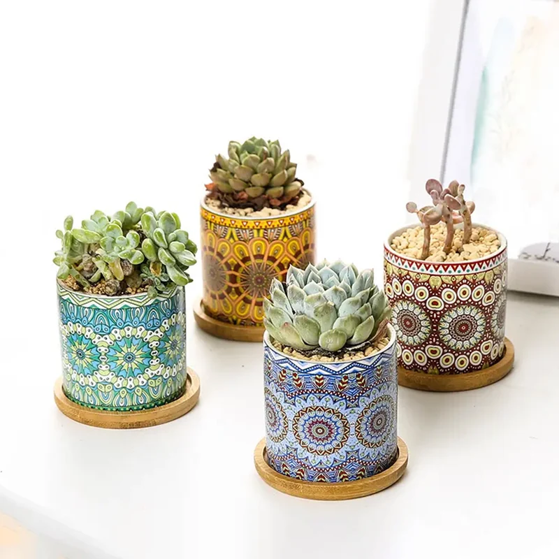 Set 4 Pezzi Vasi In Ceramica Con Decorazioni Fiori Piante Grasse Il Grupponeil