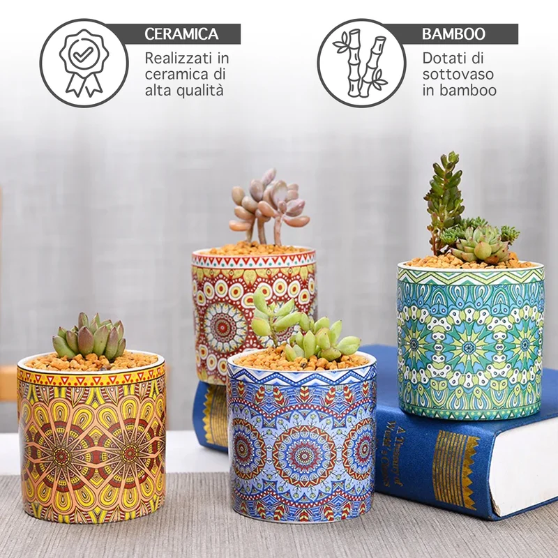 Set 4 Pezzi Vasi In Ceramica Con Decorazioni Fiori Piante Grasse Il Grupponeil