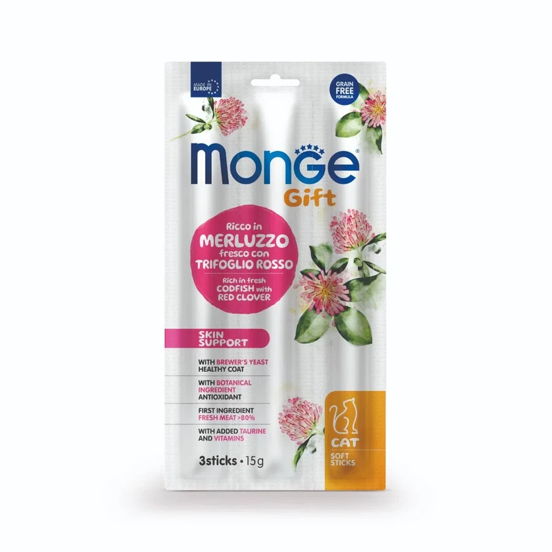 Monge Gift Snack Cat Gift Soft Sticks Skin Support merluzzo con trifoglio rosso