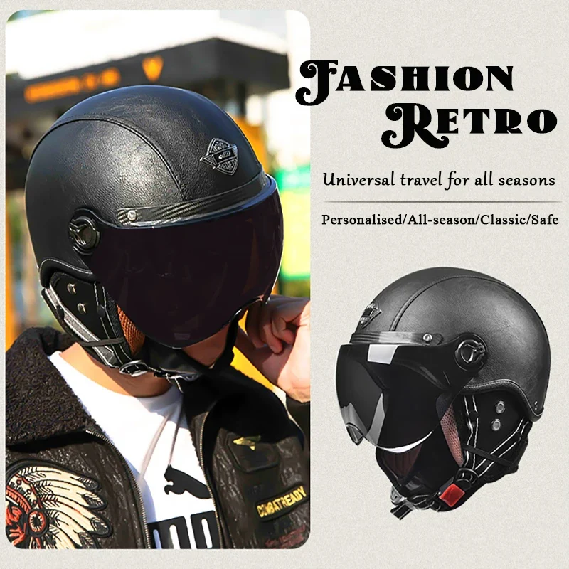 Motorhelm Open Face – Retro Design & Vizier met Leren Afwerking