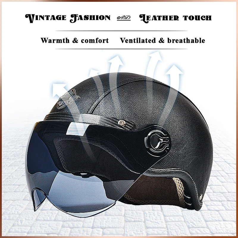 Motorhelm Open Face – Retro Design & Vizier met Leren Afwerking