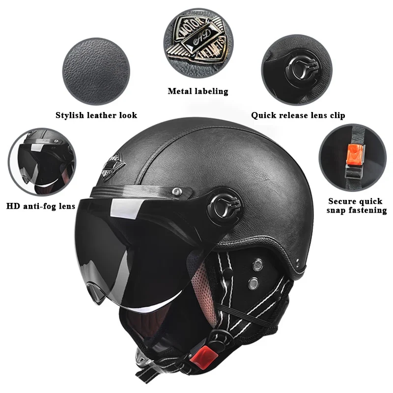 Motorhelm Open Face – Retro Design & Vizier met Leren Afwerking