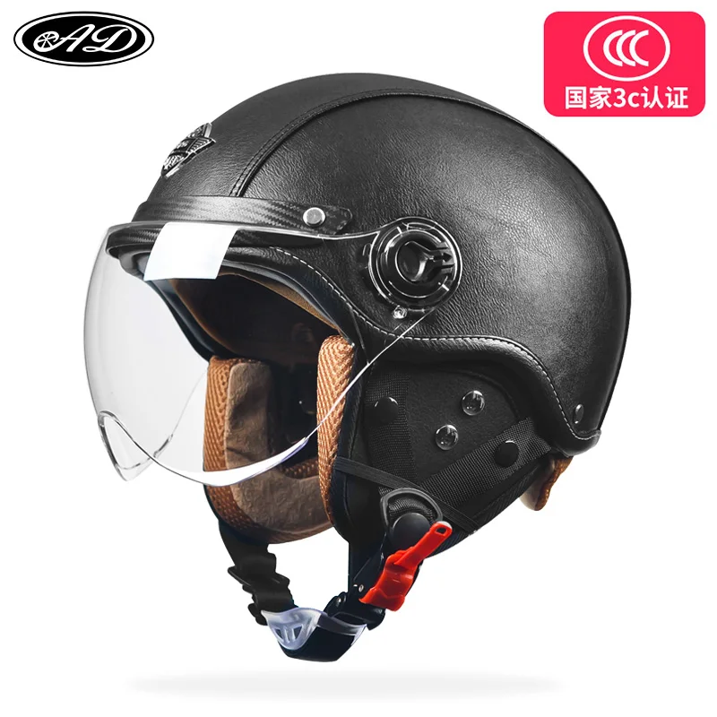 Motorhelm Open Face – Retro Design & Vizier met Leren Afwerking