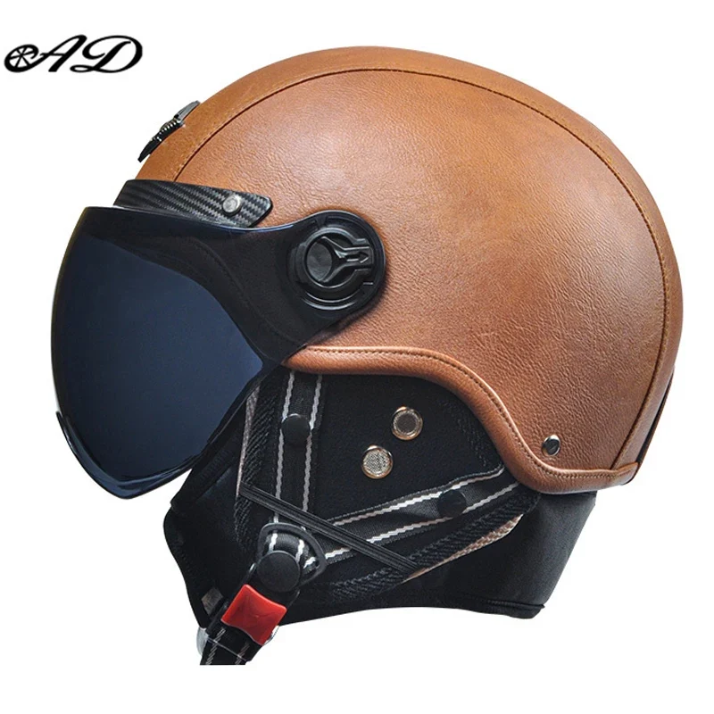 Motorhelm Open Face – Retro Design & Vizier met Leren Afwerking