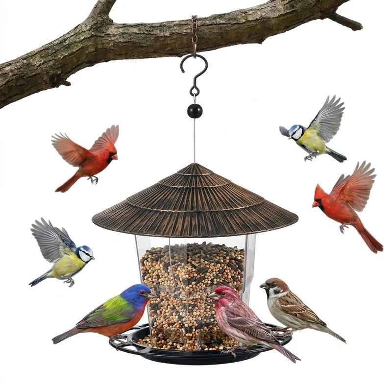 Vogelvoederhuis – Metalen hanging feeder met beschermkap en ruim voederreservoir