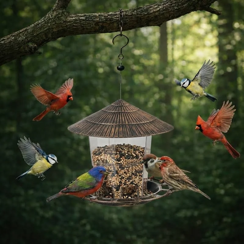 Vogelvoederhuis – Metalen hanging feeder met beschermkap en ruim voederreservoir