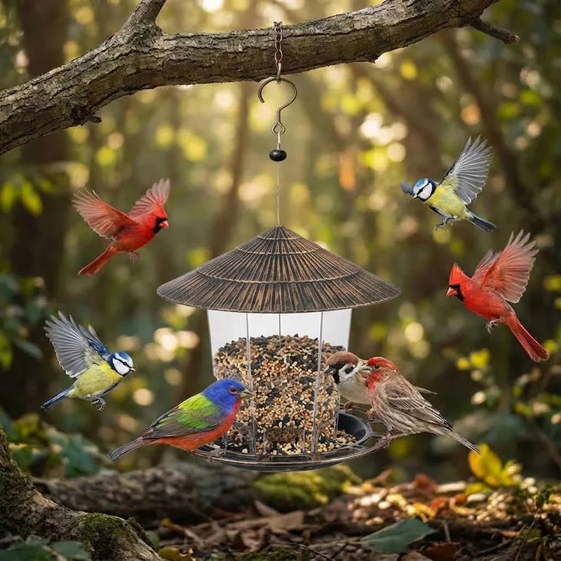 Vogelvoederhuis – Metalen hanging feeder met beschermkap en ruim voederreservoir