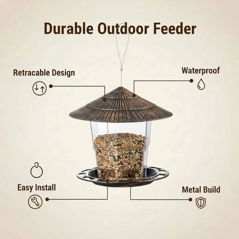 Vogelvoederhuis – Metalen hanging feeder met beschermkap en ruim voederreservoir