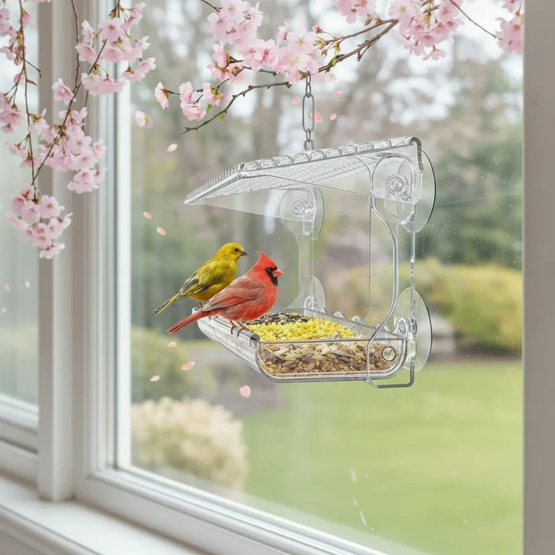 Raamvoederhuis – Transparante vogelvoeder met zuignappen en vrij zicht