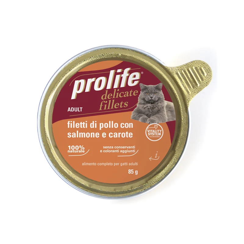Prolife Delicate Fillets Filetti di Pollo con Salmone e Carote umido gatto 85g