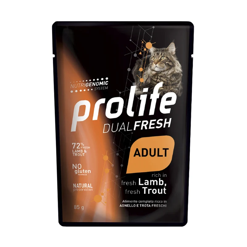 Prolife gatto adult dual fresh Agnello e Trota 85gr umido gatto in bustina