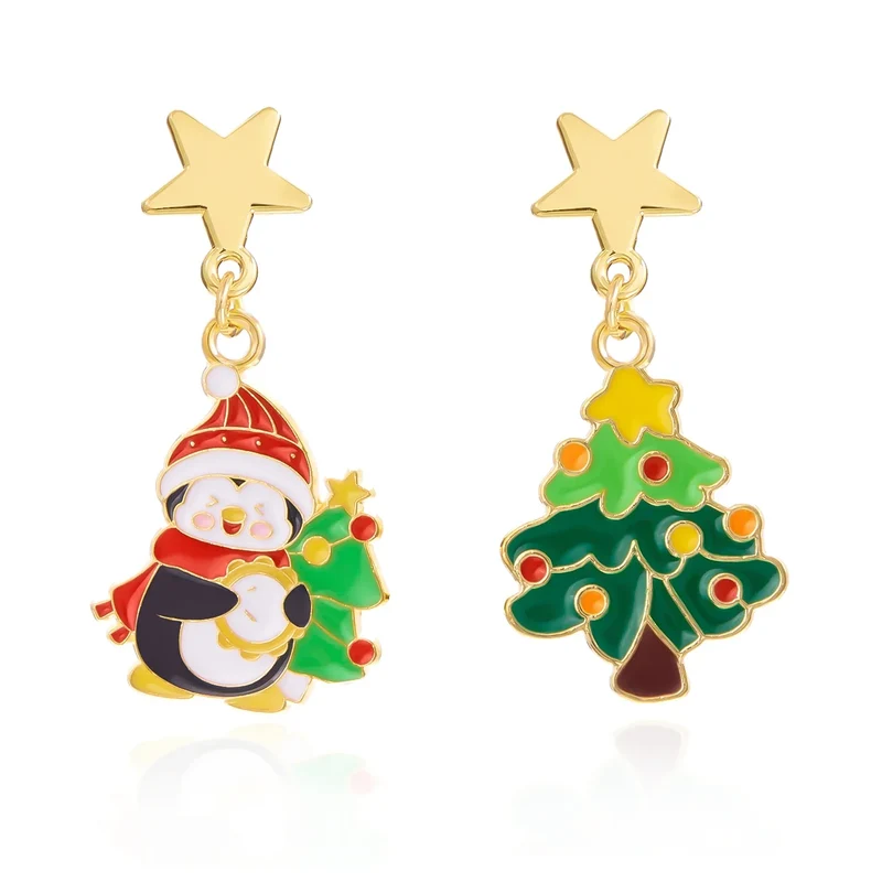 Frosty Charm Kerst Oorbellen – Asymmetrisch Ontwerp met Sneeuwman & Rode Strik, Lichtgewicht Feestaccessoire