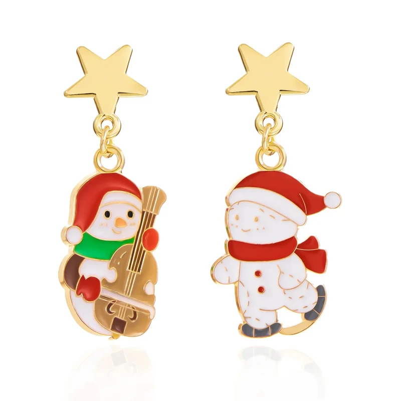 Frosty Charm Kerst Oorbellen – Asymmetrisch Ontwerp met Sneeuwman & Rode Strik, Lichtgewicht Feestaccessoire