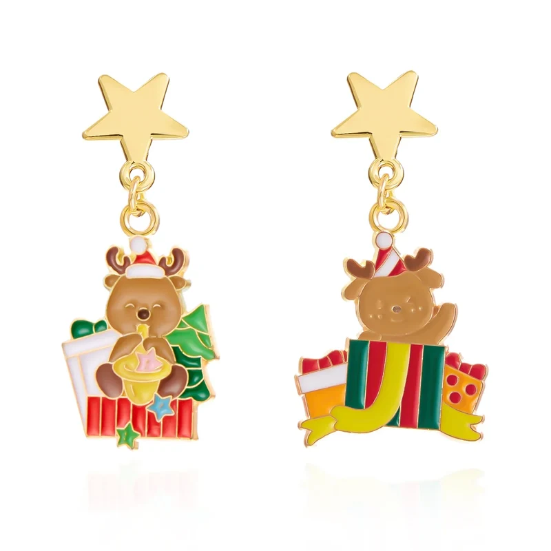 Frosty Charm Kerst Oorbellen – Asymmetrisch Ontwerp met Sneeuwman & Rode Strik, Lichtgewicht Feestaccessoire