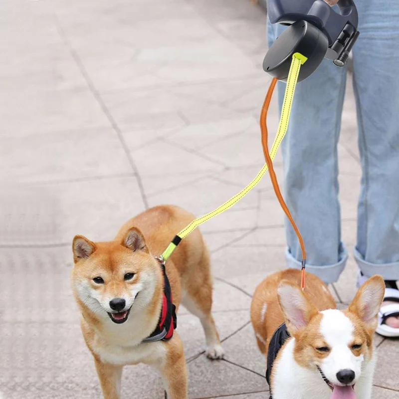 PawLink Duo Hondenriem – Dubbele Rollijn met LED & Reflectie