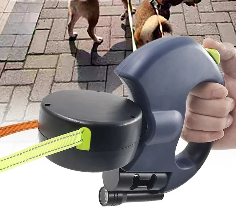 PawLink Duo Hondenriem – Dubbele Rollijn met LED & Reflectie