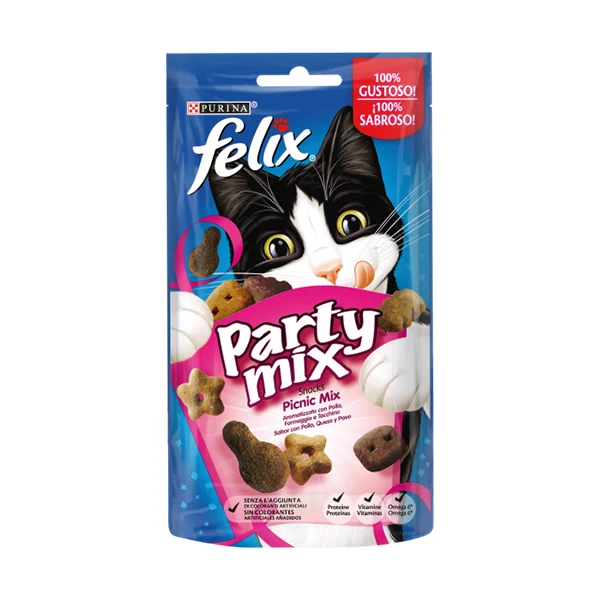 FELIX Party Mix Gatto Snack Picnic Mix Aromatizzato con Pollo, Formaggio e Tacchino