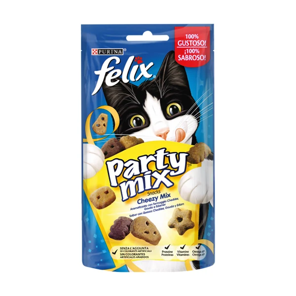 FELIX Party Mix Gatto Snack Cheezy Mix Aromatizzato con formaggio Cheddar, Gouda e Edamer