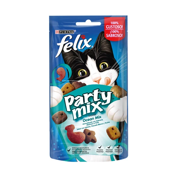 FELIX Party Mix Gatto Snack Ocean Mix Aromatizzato con Salmone, Merluzzo e Trota