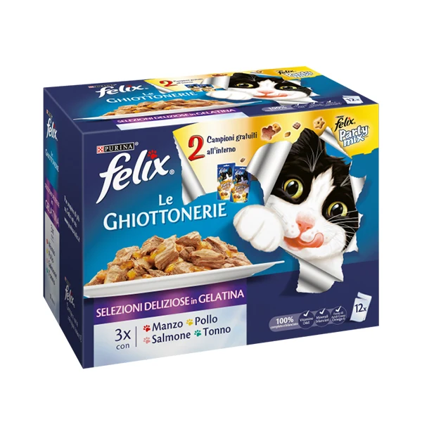 FELIX Le GHIOTTONERIE Gatto confezioni assortite (con Manzo, con Pollo, con Salmone e con Tonno) & Snack FELIX Party Mix