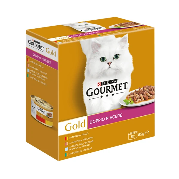 GOURMET Gold Gatto Doppio Piacere con Manzo e Pollo, Coniglio e Fegato, Pesce dell'Oceano, Anatra e Tacchino