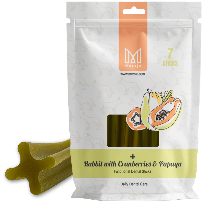 Dental Sticks al Coniglio per Cani MERSJO – Alghe Brune, Papaya e Mirtillo Rosso – 7 Pezzi